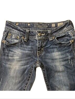 Miss Me Womens Dk Wash Bootcut Jeans 25"Wx31"L Embellished Leather Patch Y2K